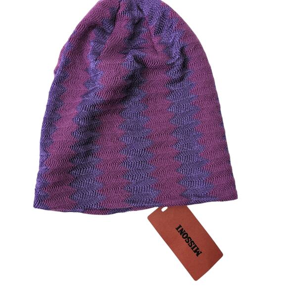 NWT Missoni Beanie Made in Italy Purple Zig Zag Knit Cozy Viscose Wool Blend New - Picture 2 of 7